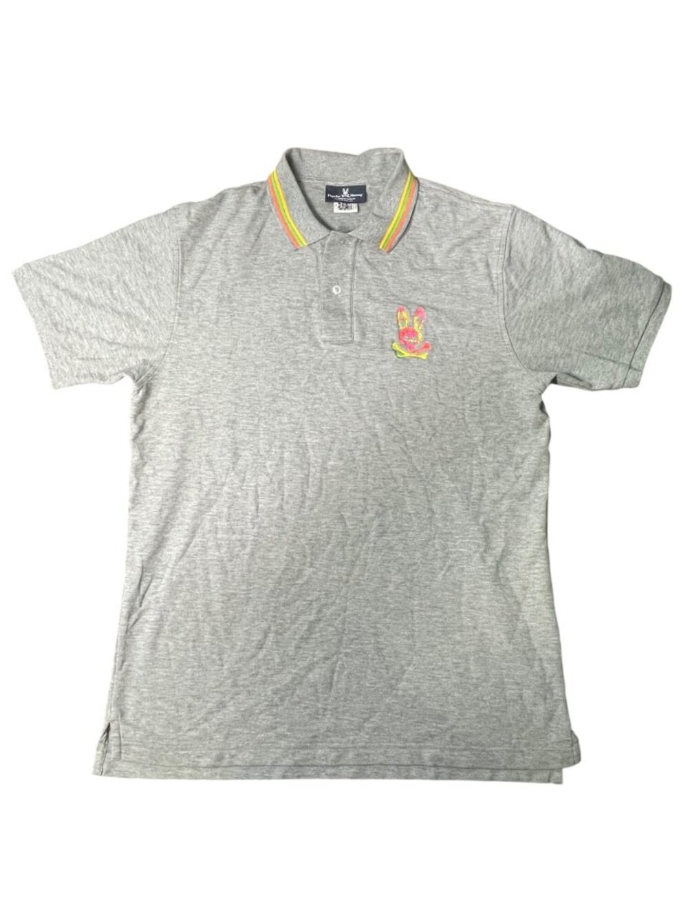 Psycho Bunny Gray Polo Shirt With Neon Embroidered Logo Striped Collar 100% Pima